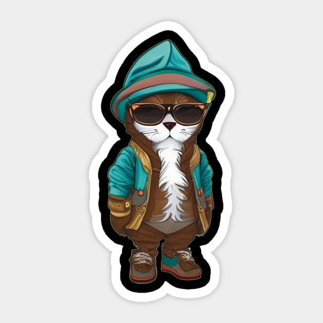 Cute Hipster Cat Wearing a Hoodie and Sunglasses with Long Beard Sticker by ImaginativeInkPOD